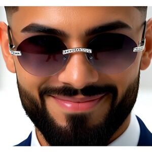 Rhinestone Rimless Sunglasses Round Lens Fashion Shades Designer Style Elegant